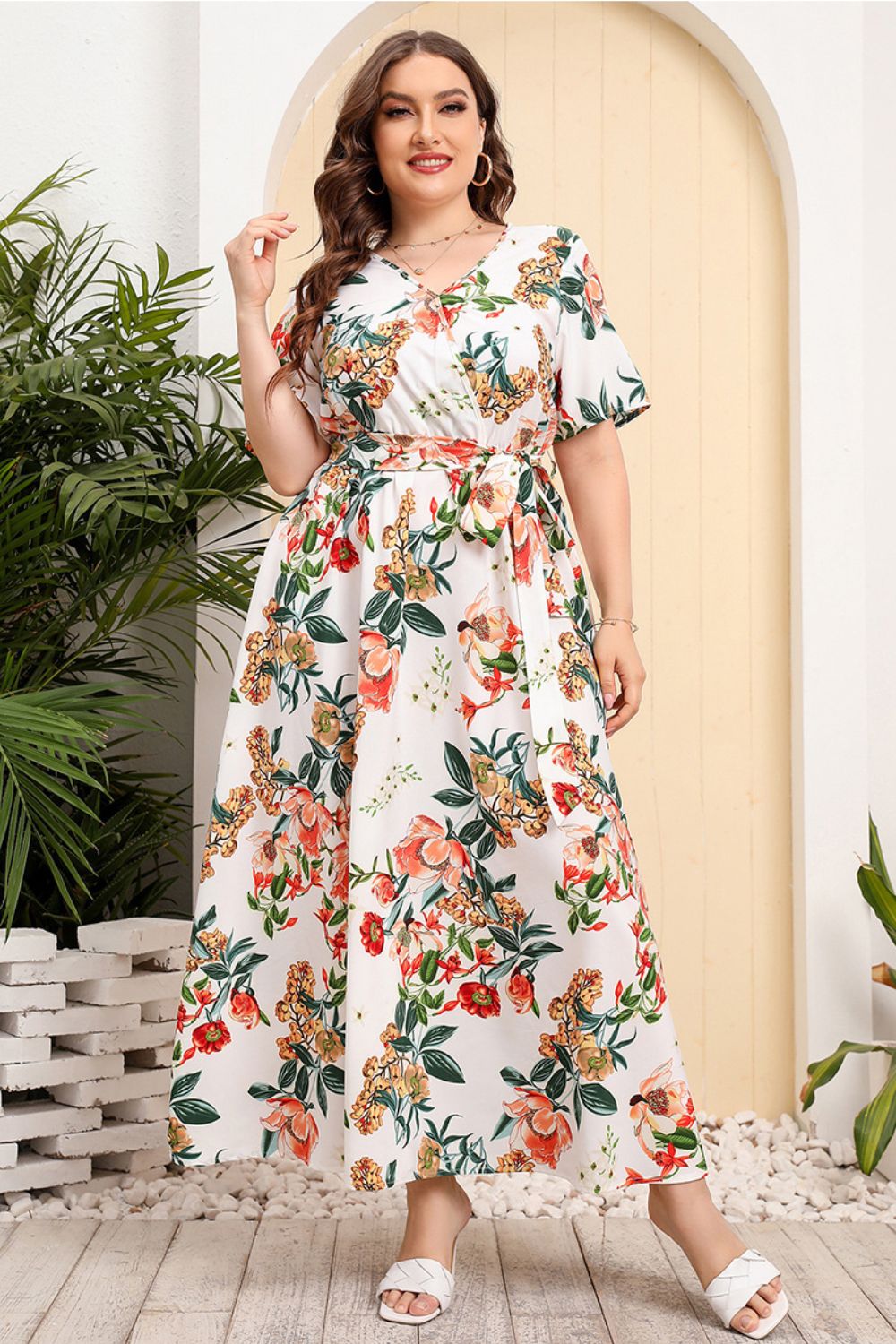 Plus Size Printed Surplice Short Sleeve Maxi Dress