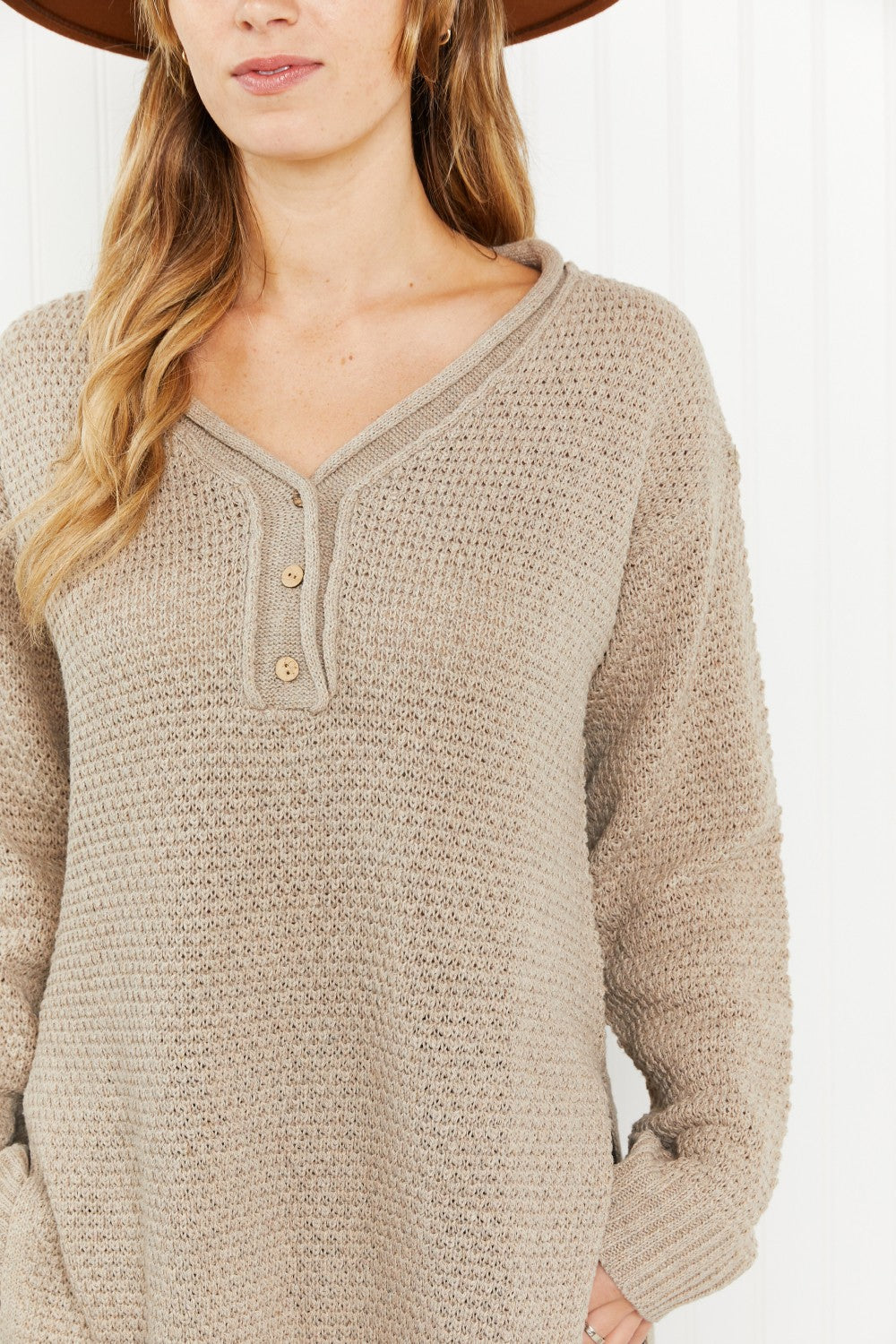 GeeGee Full Size Waffle Knit Henley Sweater