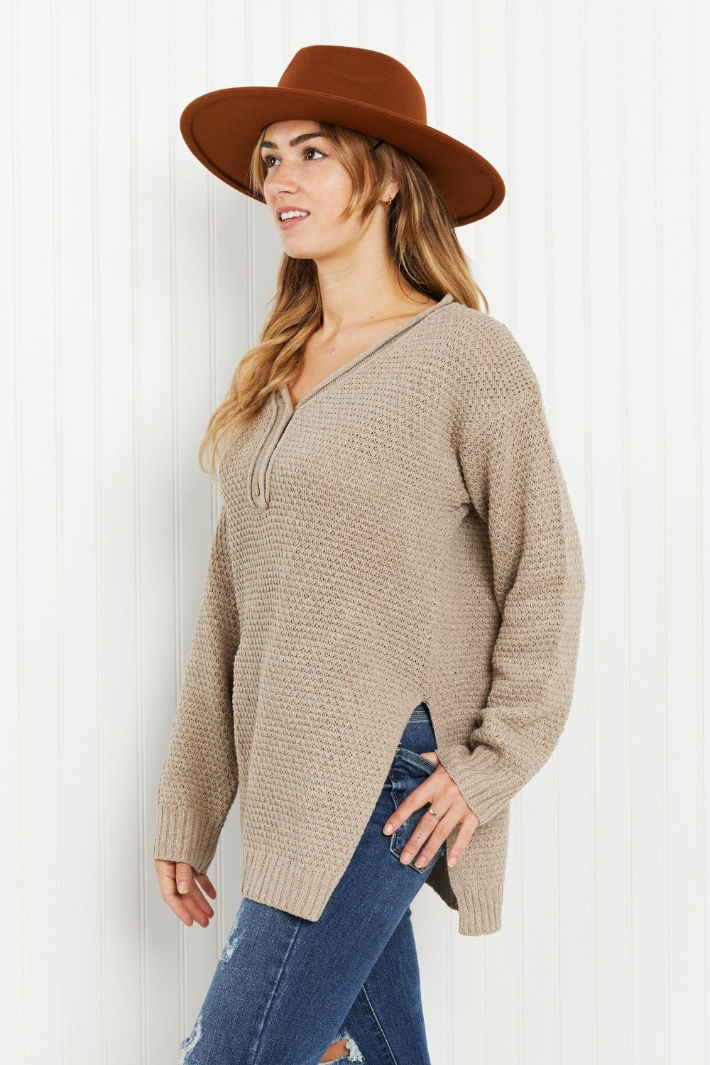 GeeGee Full Size Waffle Knit Henley Sweater