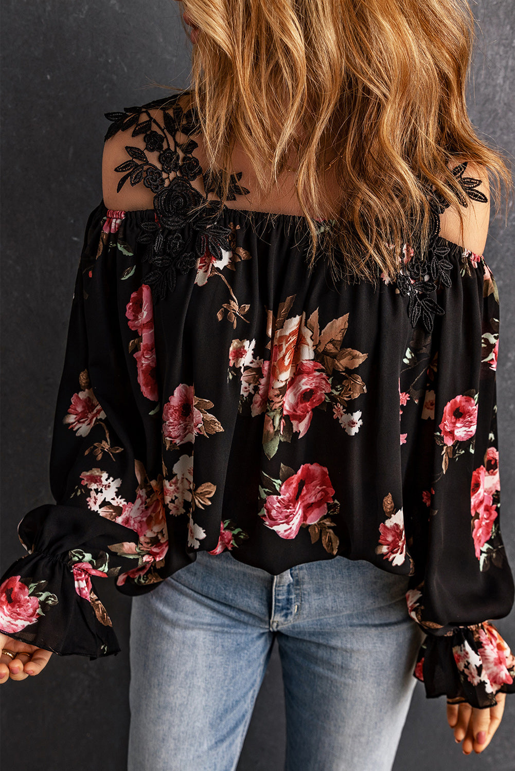 Floral Lace Cold-Shoulder Flounce Sleeve Blouse