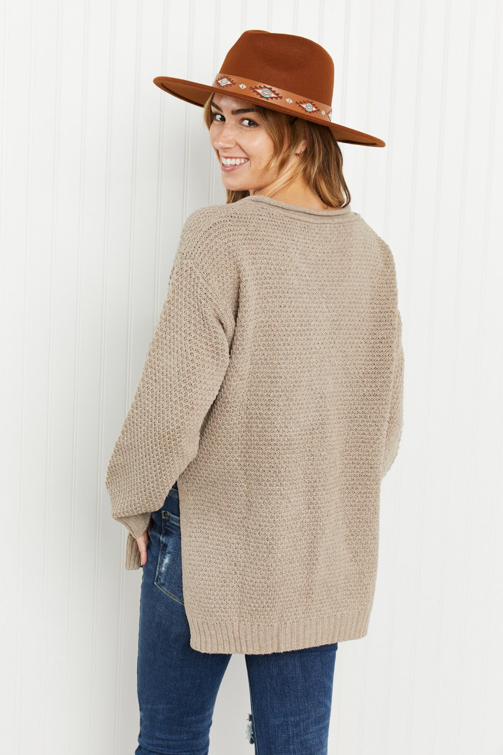 GeeGee Full Size Waffle Knit Henley Sweater