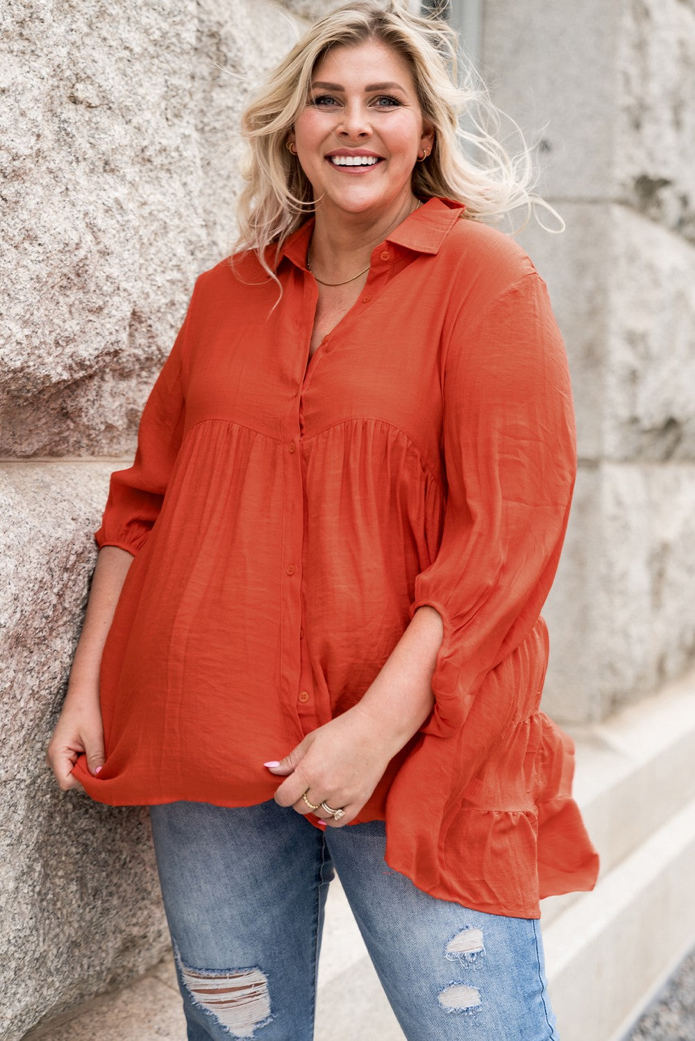 Plus Size Collared Balloon Sleeve Shirt