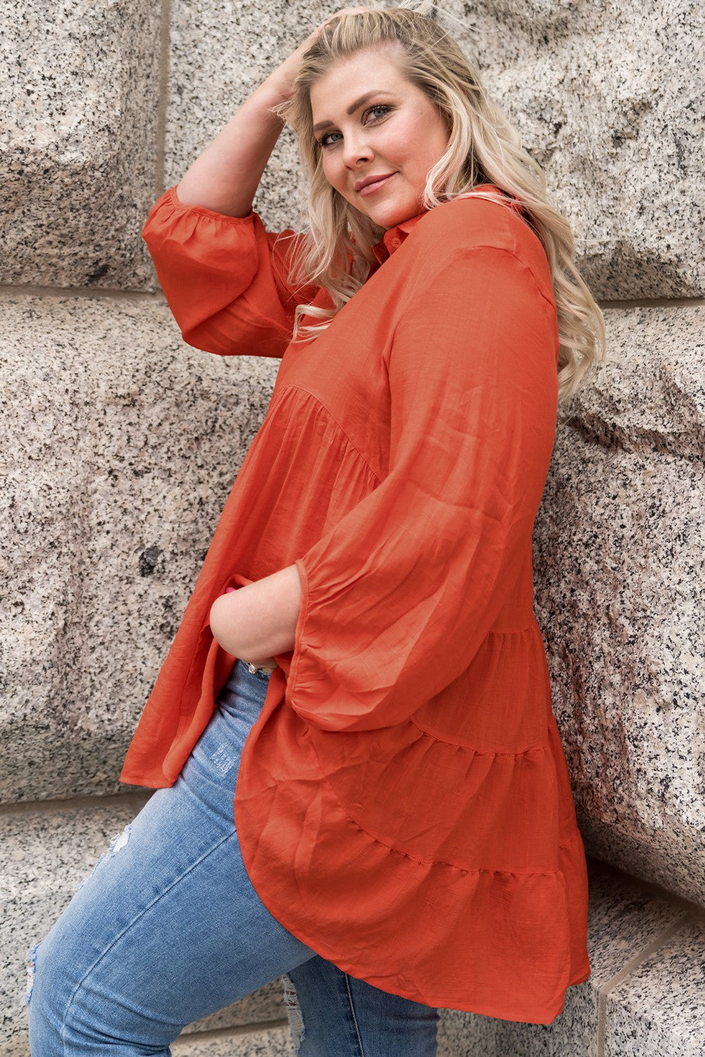 Plus Size Collared Balloon Sleeve Shirt