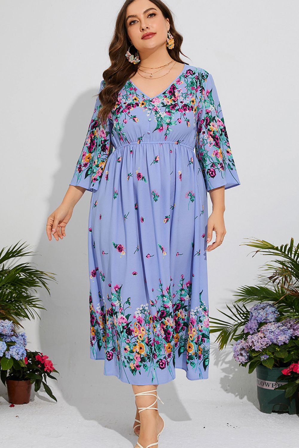 Plus Size Floral V-Neck Three-Quarter Sleeve Midi Dress