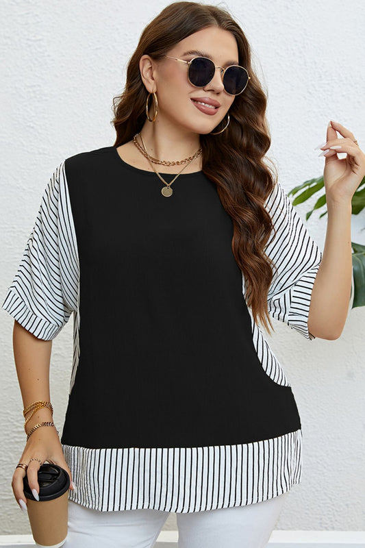 Plus Size Striped Round Neck Half Sleeve Top