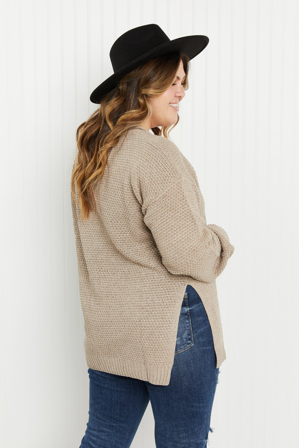 GeeGee Full Size Waffle Knit Henley Sweater