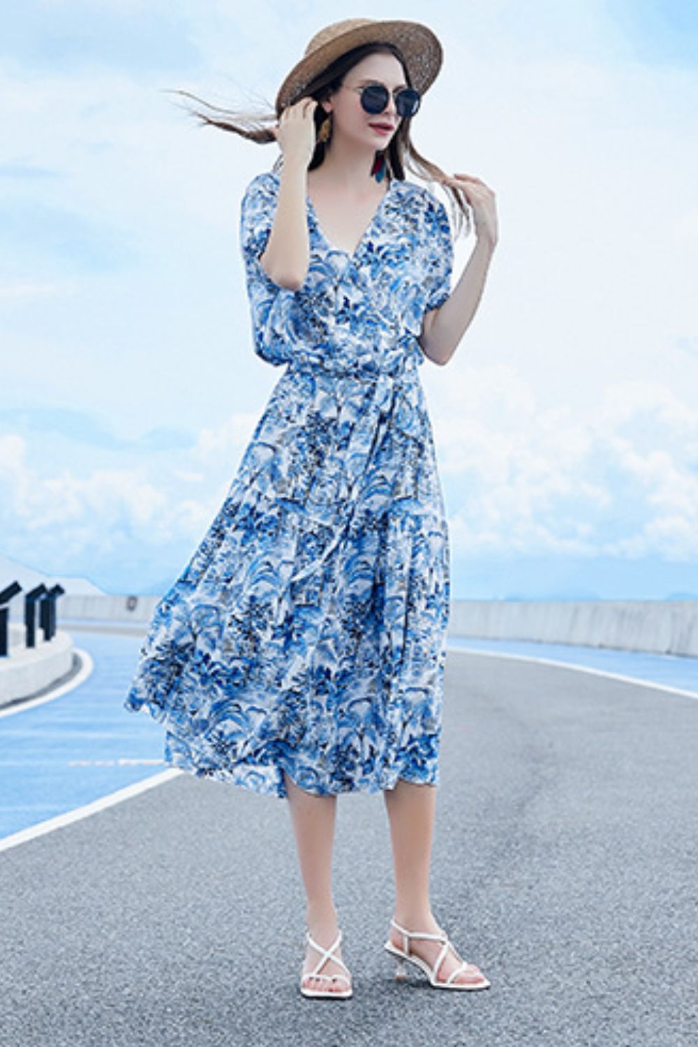 Full Size Belted Surplice Short Sleeve Midi Dress