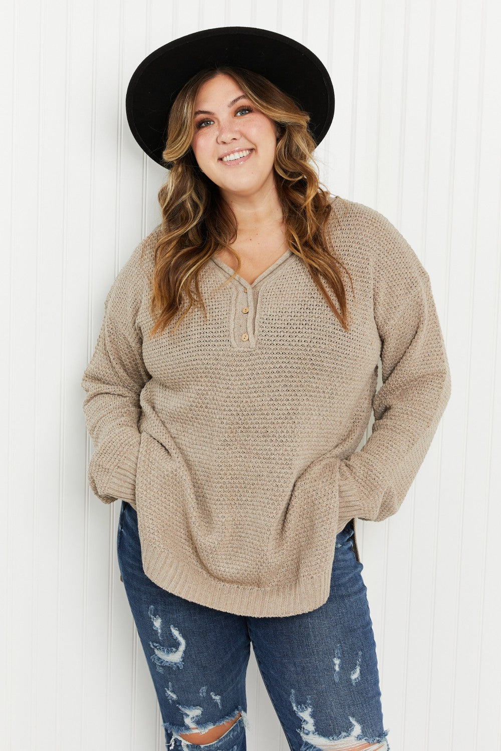 GeeGee Full Size Waffle Knit Henley Sweater