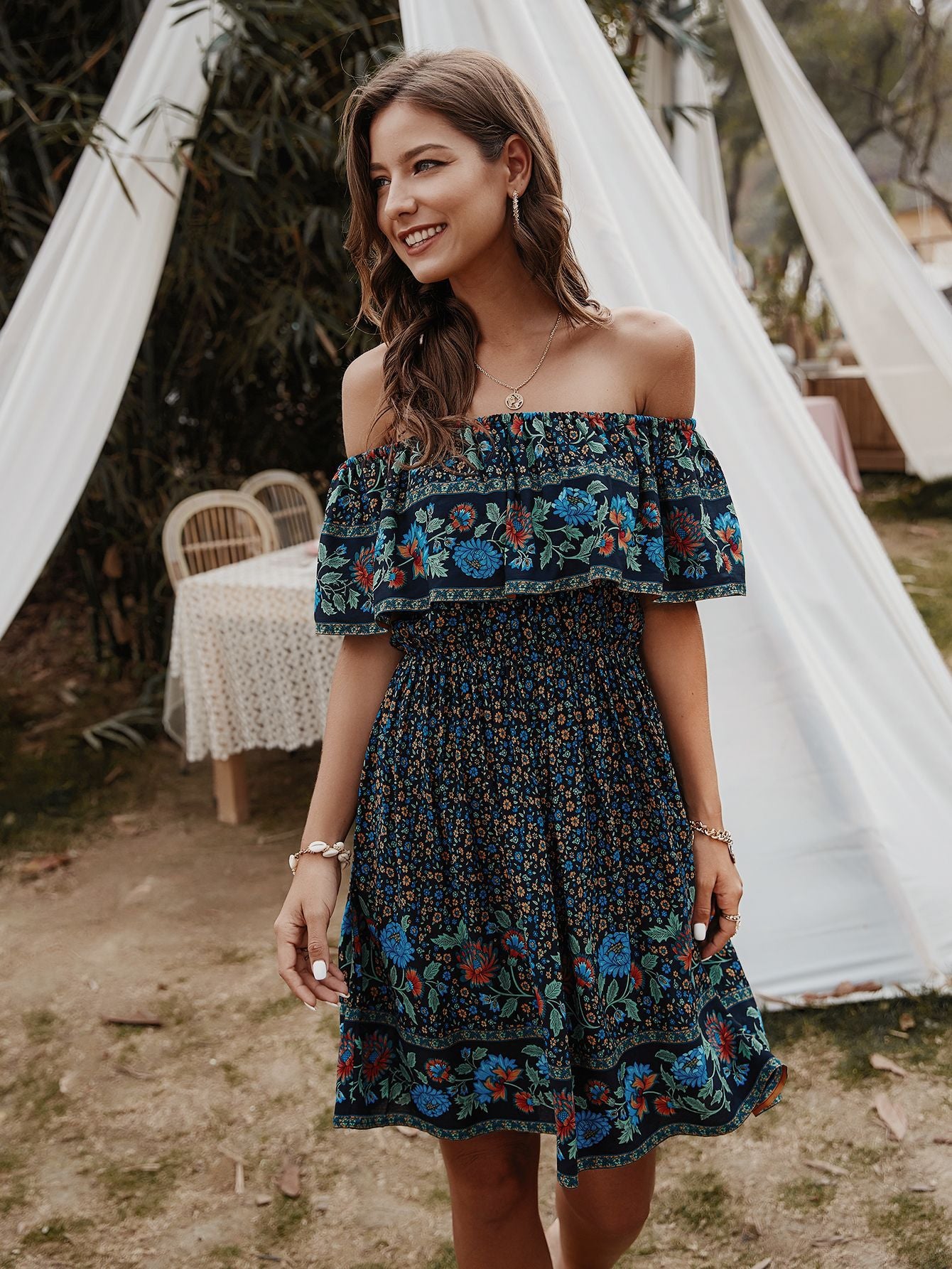 Bohemian Print Off-Shoulder Strapless Knee Length Dress